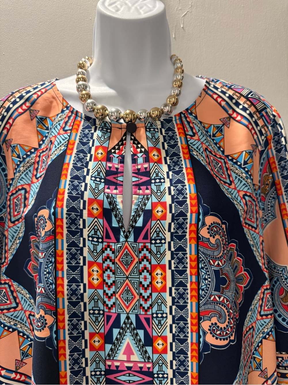 Boho Geometric Print Peasant Tunic/Dress in Navy and Peach - Picture 2 of 4